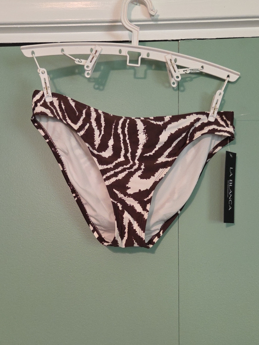 Nwt La Blanca Brown and White Zebra-Print Bikini Bottom Size 8